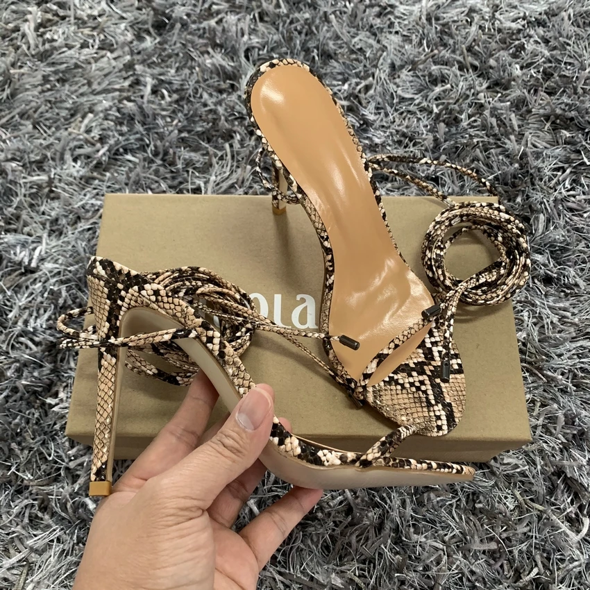 Fashion Women High Heels Sandals Summer Outside Snake Print Shoes Woman Lace-Up Cross Strap Gladiator Sandals 11CM Heels
