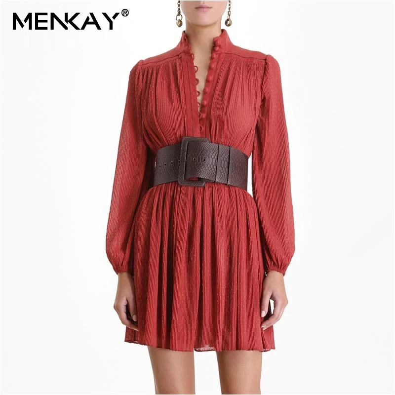 

[MENKAY] Pleated Lantern Long Sleeve Stand Neck Mini Dress Women 2019 Autumn Boho Fashion Clothing
