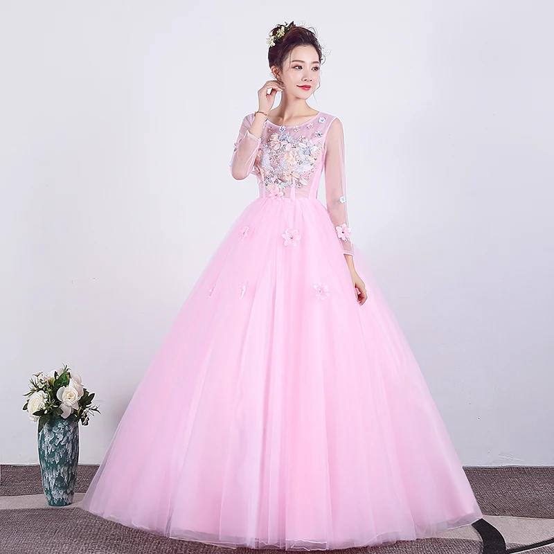 Розовые платья Quinceanera для выпускного вечера вечерние платье золотые длинные рукав с накладной аппликацией танцевальное бальное платье, vestidos De милые платья