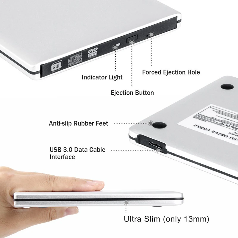 YaHey Внешний USB 3.0DVD горелка привод Портативный DVD/CD RW Rewriter плеер совместим с Apple Mac Ноутбуки ПК Windows Linux OS