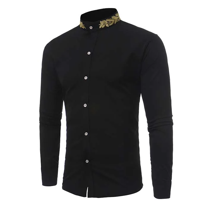 Мужская рубашка с длинным рукавом Camisa Masculin с вышивкой на шее, приталенная Повседневная рубашка с отложным воротником, мужские модные рубашки, Мужская одежда, Топ - Цвет: black