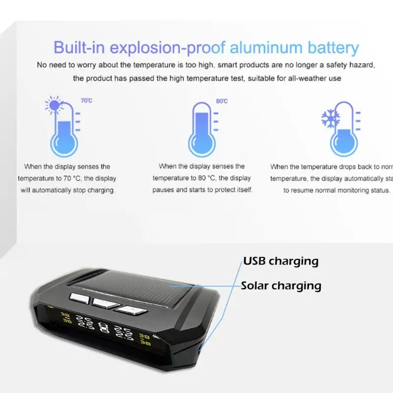 AN-05 Solar Power Car TPMS LCD Tire Pressure Monitor Alarm System Wireless Transmission Color Screen Display with 4 Sensors