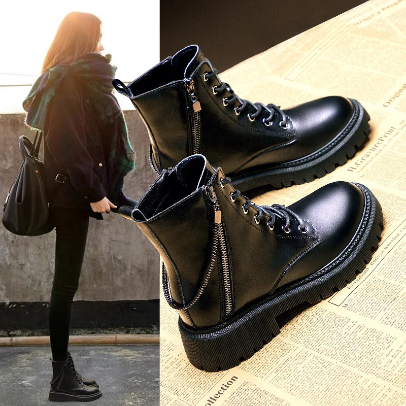 

Martin Boots The New Womens Shoes Ankle Zip Motorcycle Boots Round Toe Square Heel Solid Non-slip Fashion Back loop High Quality