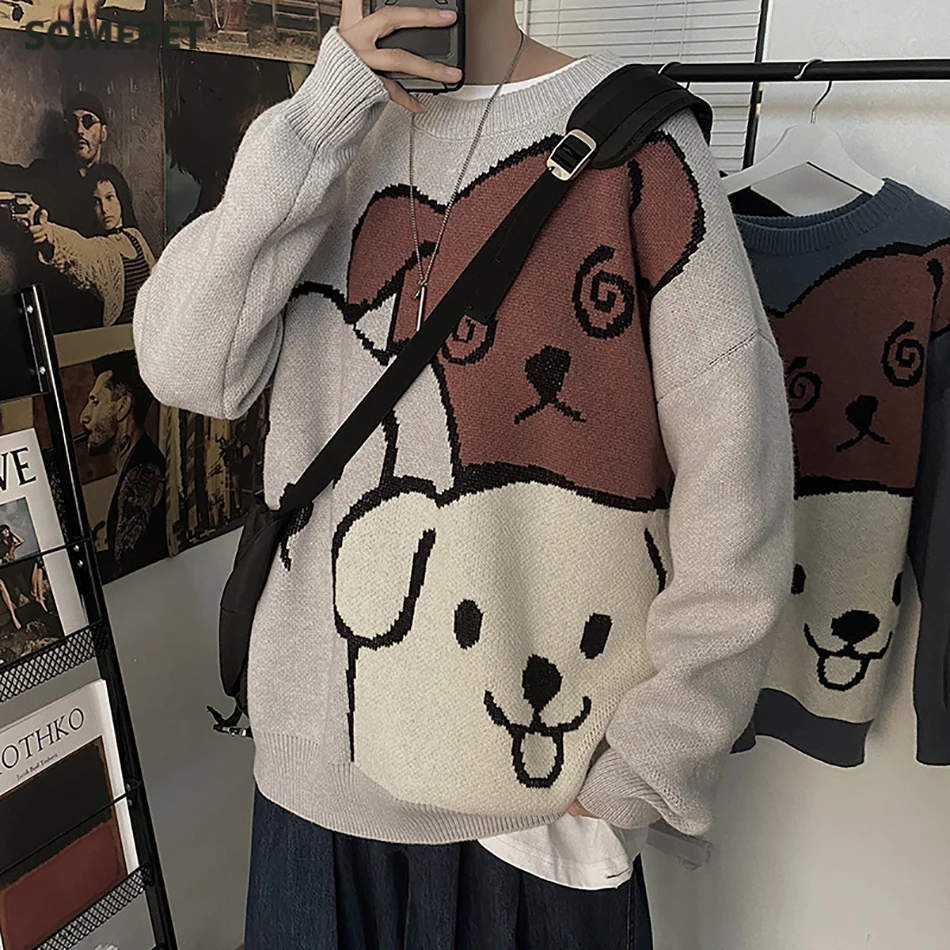

Oversized Sweater Korean Style Men Harajuku Cute Cartoon Dog Pattern Printing Men's Clothing Winter Warm Halloween Knit Pullover