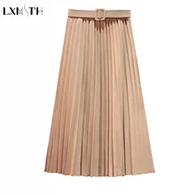 Lxmth, Женская плиссированная юбка размера плюс, весна, новинка, с поясом, одноцветная, с высокой талией, до середины икры, длинная, повседневная, женская, модная одежда