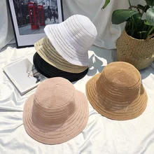 Рыбацкая шапка, вязаная пористая папирус, Панама, шапка, Воздухопроницаемый козырек, Женская художественная однотонная уличная складная шляпа-ведро из хлопка