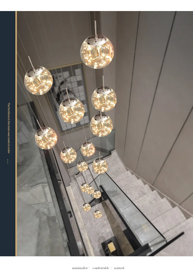 Hb816ff85225447218f164b30face702eq Modern spiral staircase lighting chandelier long chandelier living room villa kitchen loft glass ball LED string chandelier