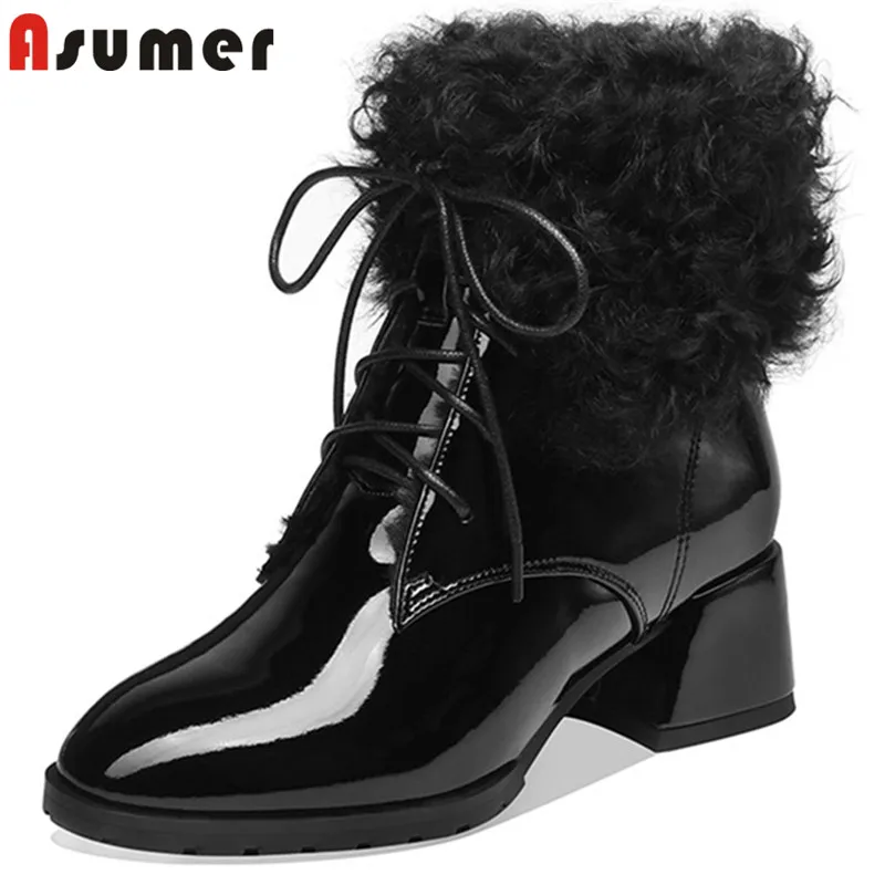 Женские ботильоны из лакированной кожи ASUMER на толстом меху со шнуровкой