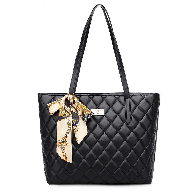 

2019 New Style Korean-style Women's Simple Large Bag Rhombus Embroidery Silk Scarf Decoration Shoulder Bag Handbag Bag