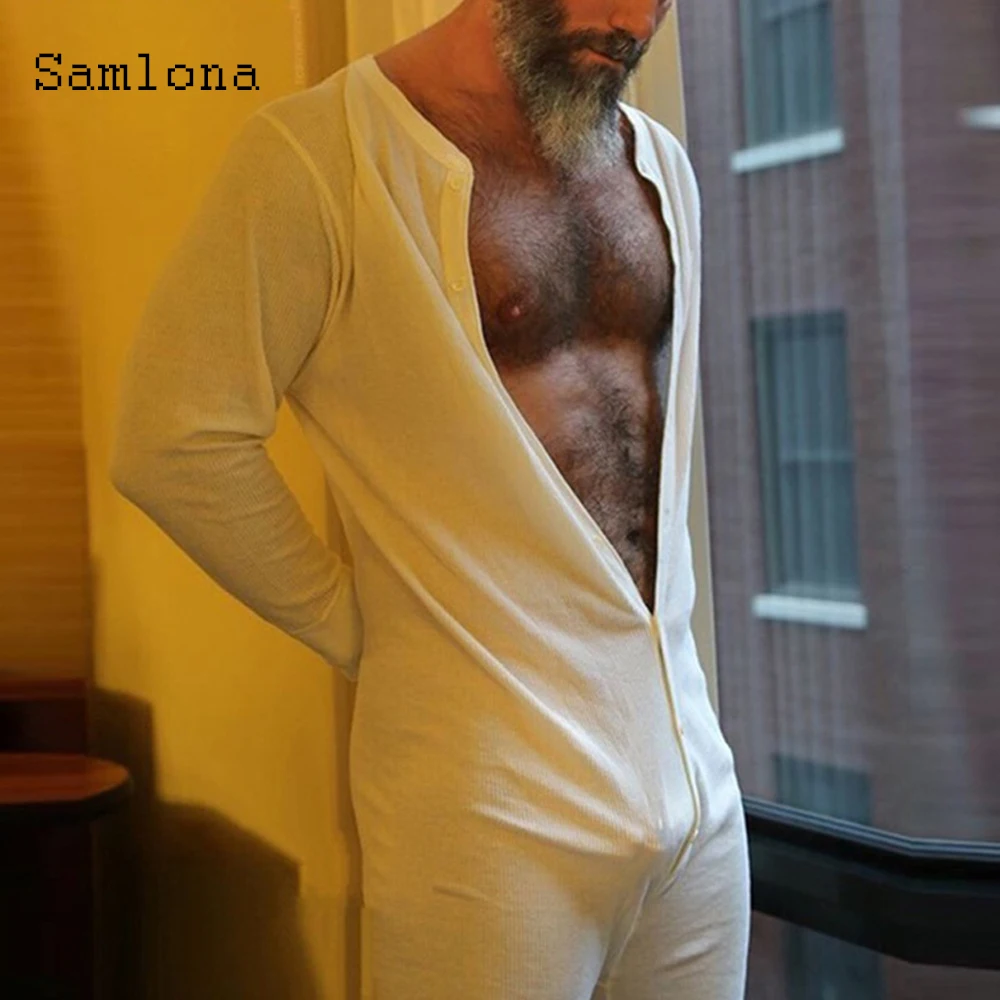 Sexy Thin Pants Summer onesie Jumpsuit Mens One-piece Wetlook Bodysuit White Fashion New Open Crotch Playsuits Men Clothing