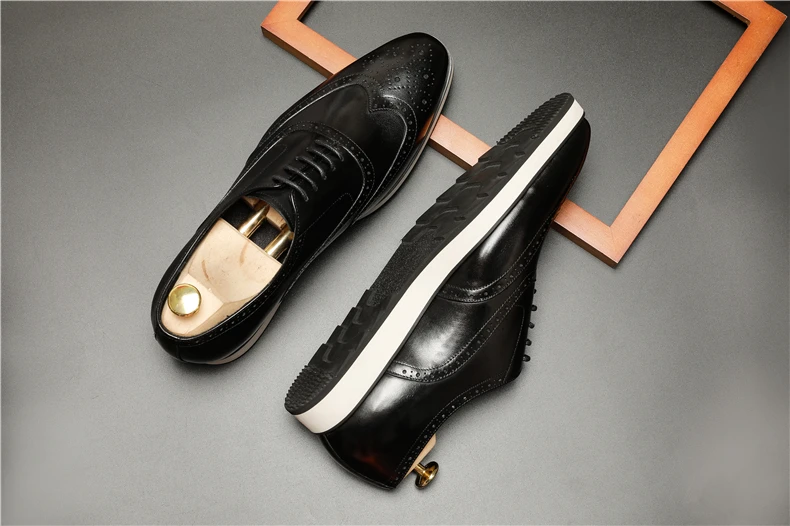 Products Phenkang Men Genuine Wingtip Leather Platform Oxford Shoes Pointed Toe Lace-Up Oxfords Dress Brogues Wedding Shoes