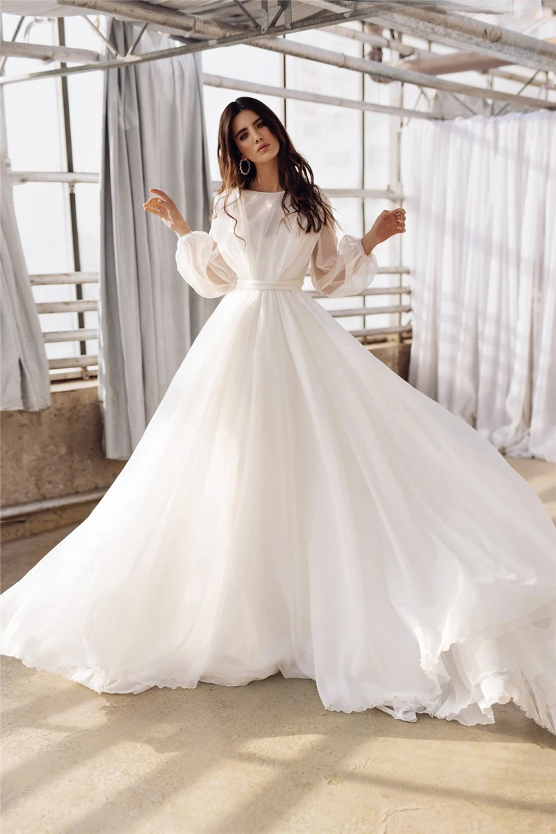 gown for wedding Long Sleeves Bohemian Wedding Dress Organza Bridal Gown Sweep Train Backless Princess Party vestidos de novia robe de mariée2022 reception dress for bride