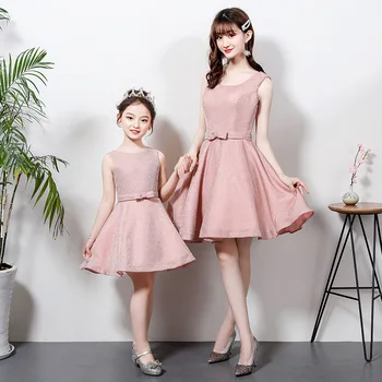 

Mom and Daughter Formal Dresses B103 Pink A-Line Banquet Dress Solid Bow Elegant Gowns O-Neck Sleeveless Parent-child Wear