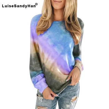

Rainbow Gradient Printing T-shirt Women Round Neck Long Sleeves Casual Fashion Loose Pullover Tops Female 2020 Spring Summer