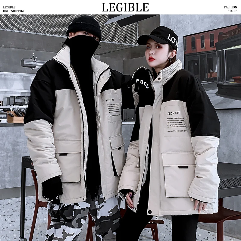 

LEGIBLE 2019 Hip Hop Parka Men Cargo Winter Jacket Men Thicken Outwear Warm Coat Casual Patchwork Pocket Couple Clothes