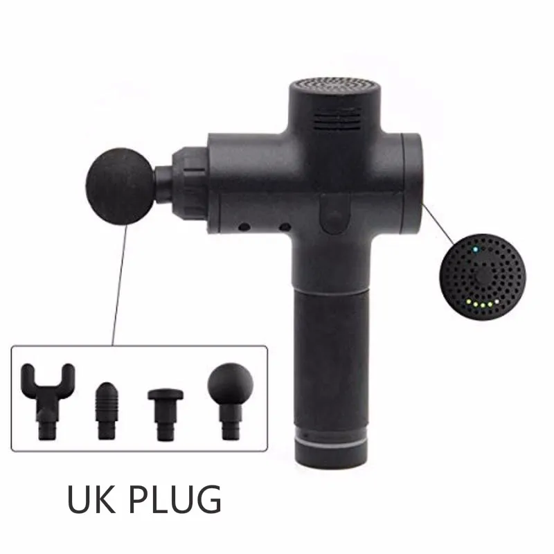 Black UK Plug Массажный пистолет для мышц, спортивный массажер, расслабляющий тело, облегчающий боль, для похудения, формирующий массажер, 4 головки, 3 уровня регулировки - Цвет: Black UK Plug