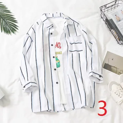 

Summer dress vertical stripes 7 seven-sleeve shirt men's trend short-sleeved shirt male students handsome wild jacket