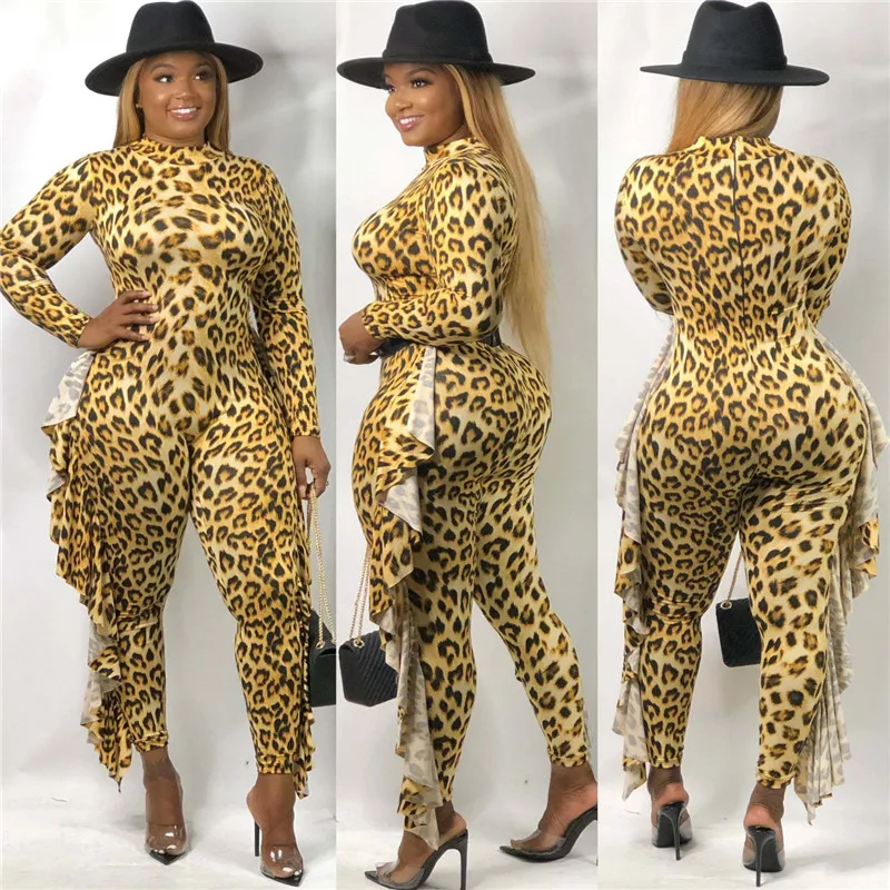 Women Sexy Jumpsuits Leopard Printed Turtleneck Bodycon Slim Sleeve Ruffle Long Pencil Pants Fancy Party Club Rompers Streetwear