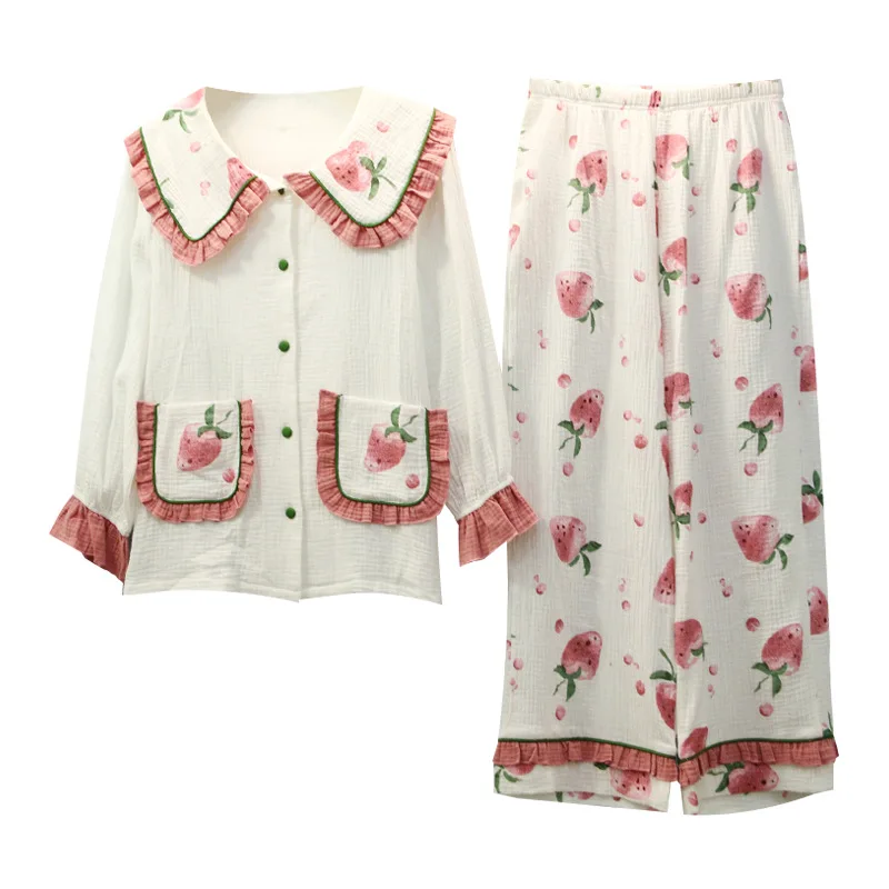 

XIFER Spring and Autumn Models Playful Cute Peach Printed Cotton Pajamas Women Double Layer Cotton Home Suit