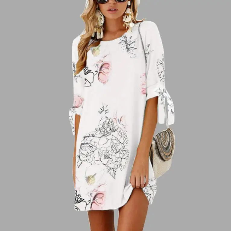 5XL половинный рукав шнуровка принт свободное женское платье летняя мода Сексуальное мини платье размера плюс прямое платье для женщин шифон Vestidos - Цвет: 3-0884 white