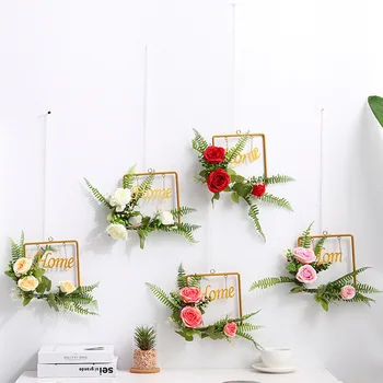 

Simulation Flower Wrought Iron Shelf Rose Wall Hanging Fake Flower Home Decoration Simulation Green Plant Living Room Decoration
