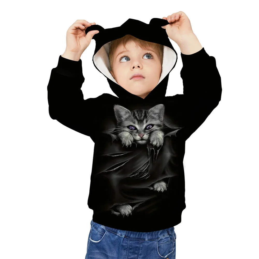 Детские спортивные толстовки с капюшоном, детские свитера с 3D принтом черного кота, пуловер с длинными рукавами для детей 5-12 лет, Свитера с капюшоном для мальчиков и девочек