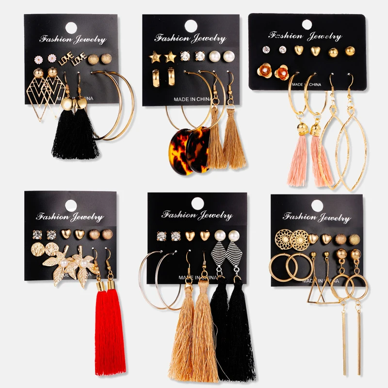 Серьга Boho длинной кисточкой Комплект сережек для женщин Подвески для девушки брелок геометрические серьги-капельки Для женщин, серьги-кольца, модные ювелирные украшения