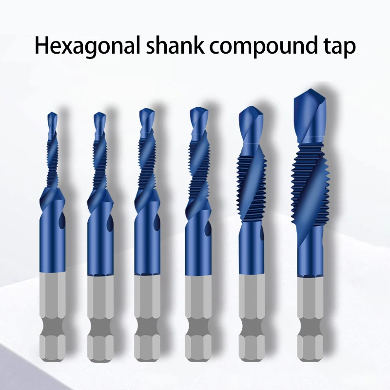 6PCS Hex Shank Compound Tap Titanium Plated HSS Screw Thread Metric Tap Drill Bits Screw Machine M3 M4 M5 M6 M8 M10 Hand Tools