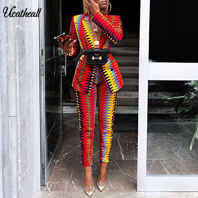 

New Fashion Print Women Set Sexy Long-sleeved Jacket & Pants 2 Pieces Two-piece Casual Party Office Pants Suit Set