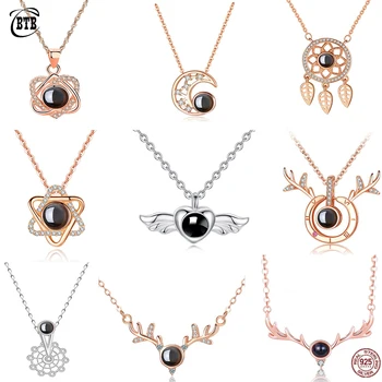 

Real 925 Sterling Silver Angel Double Heart 100 Languages I Love You Projection Charm Necklace Jewelry for Women Romantic Gift