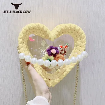 

Kawaii Knitted Heart Shape Womens Shoulder Bag Fashion Pearls Flower Applique Transparent Crossbody Bags Party Packing Chain Bag