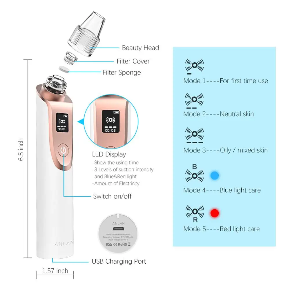 ANLAN Blackhead Remover Vacuum Pore Cleaner Acne Comedones Removal Black Head Remover Face Care Pimples Tools Comedone Extractor