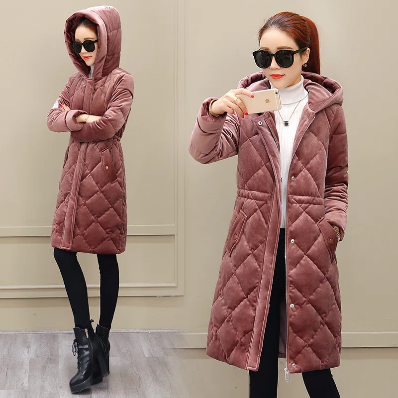 

Gold Velvet Cotton Coat Women's Mid-length 2018 New Style Short-height Winter Slim Fit Women's Thick down Feather Cotton-padded