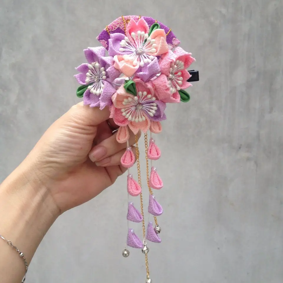 Заколка для волос Sakura Tsumami zaiku kanzashi с колокольчиком и кисточкой аксессуары ручной