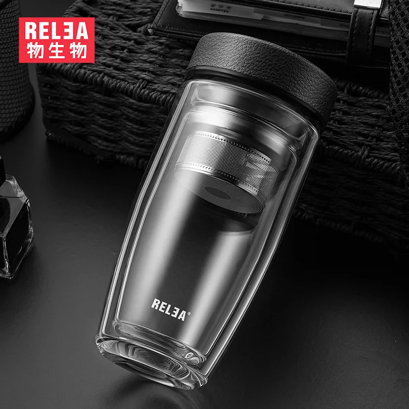 

Relea Glass Tea Cup Men's Double Layer Filter Glass Tea Heat-Resistant with Lid Portable Bottle Tea Cup