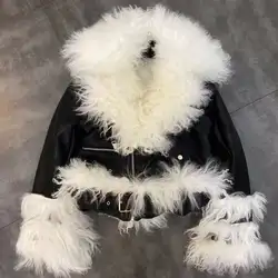 Кожаная куртка из натурального меха ягненка, Женское пальто 2019, зимнее пальто из натурального меха ягненка с воротником и длинным рукавом