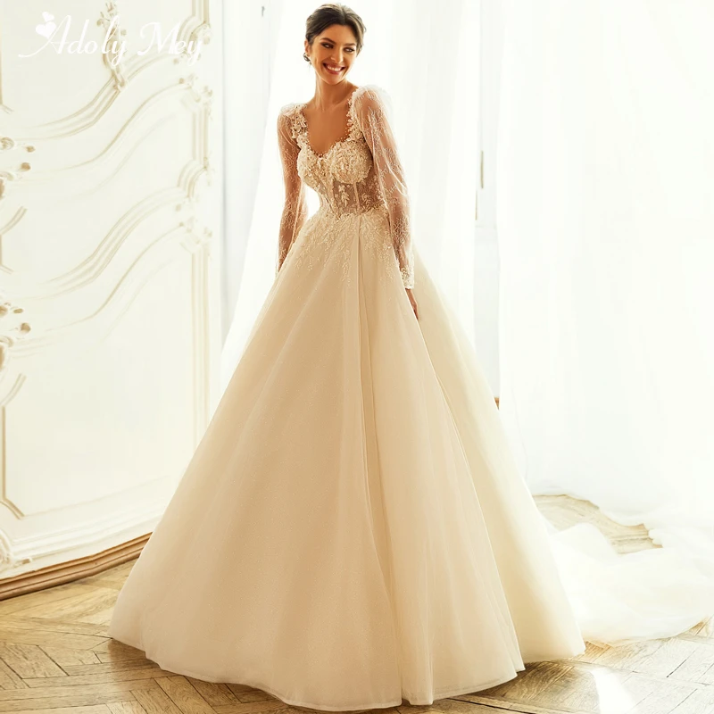 Adoly Mey Luxury Beading Sweetheart Neck A-Line Wedding Dresses 2022 Elegant Lace Long Sleeve Court Train Princess Bridal Gown plus size wedding dresses