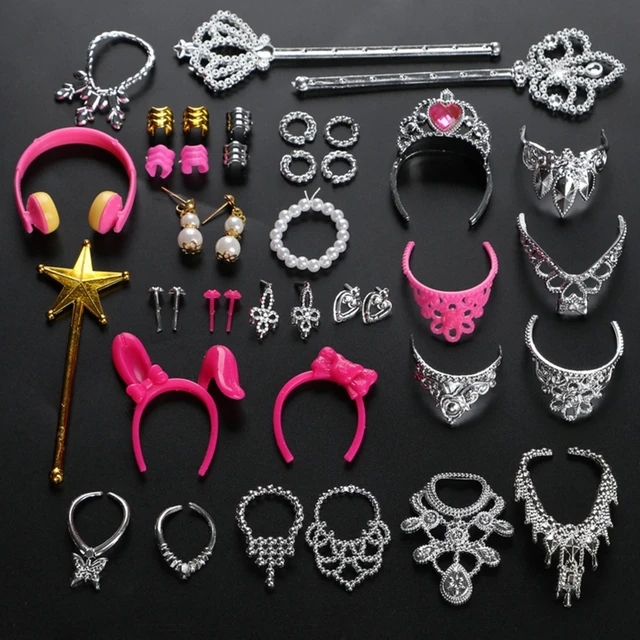 38pcs/Set Barbi Doll Accessories Simulation Jewelry Necklace Crown Earrings Pink Hanger Mirror Comb For Barbi Doll Toys 1