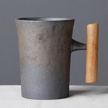 

Creative Ceramic Coffee Mug Tumbler Rust Glaze with Wooden Handle Tea Milk Beer Water Cup Home Office Drinkware 330ML