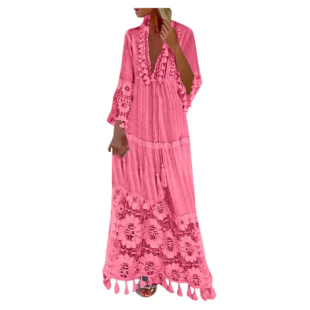 Tops 2021 New Summer Fashion Casual Bohemian Dress Large Size V-Neck Solid Color Lace Femme Robe Tassel Long Ladies Dresses wedding dresses
