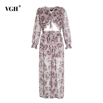 

VGH Vintage Print Ruffles Women Blouse V Neck Lantern Long Sleeve Bandages Shirt High Waist Loose Pant Suit Female 2020 Fashion