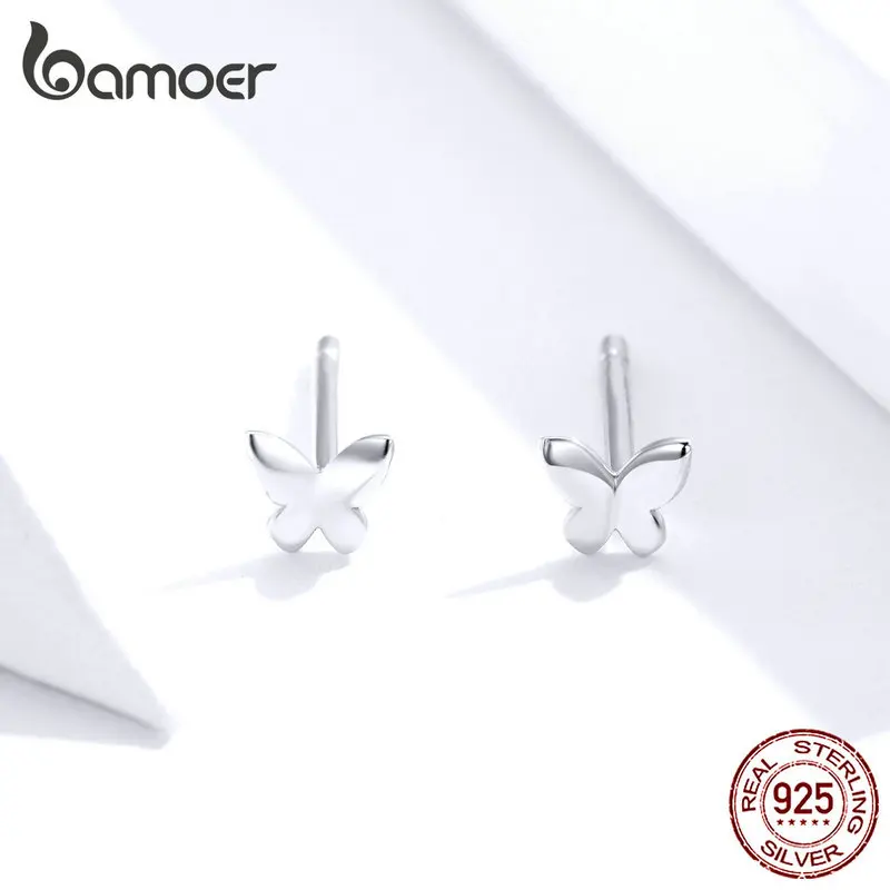 Bamoer, настоящее 925 пробы, серебряные, маленькие простые серьги-гвоздики с бабочкой для женщин, серебро 925, не вызывает аллергии, хорошее ювелирное изделие SCE775