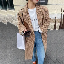 

2021 Autumn Faux Pu Leather Patchwork Houndstooth Woolen-clothes Coat Yellow Double Breasted Long Sleeve Casual Female Outerwear