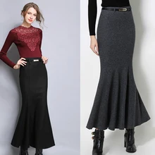 Осенне-зимняя Модная элегантная женская шерстяная юбка-труба с высокой талией серого и черного цвета, осенняя облегающая длинная юбка-Русалка с оборками для женщин