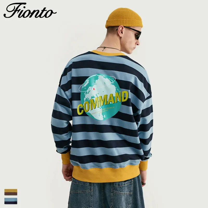 Fionto мужская одежда осень новая индивидуальная печать свободная Crewneck мужская полосатая футболка с длинными рукавами
