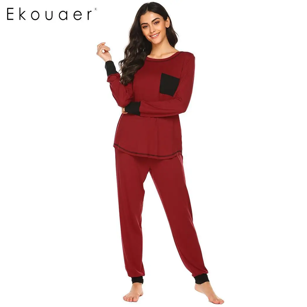 Ekouaer Женский комплект пижамы с круглым вырезом и коротким рукавом в полоску с принтом Топ длинные штаны Пижама осень зима