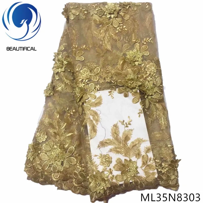

BEAUTIFICAL african lace fabrics 3d appliques net lace beads fabric 2019 New embroidery tulle mesh lace fabric 5yards ML35N83