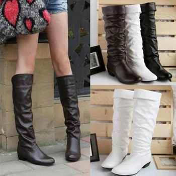 Women Leahter Knee High Boots Fashion Folding Slip on Winter High Boots Casual Low Heels White Black Long Slim Boots Ladies 2019 tanie i dobre opinie Chenghe Knee-High Pleated Solid WQWS004 Adult Square heel Basic Fleeces Round Toe Rubber Low (1cm-3cm) 0-3cm Slip-On Fits true to size take your normal size