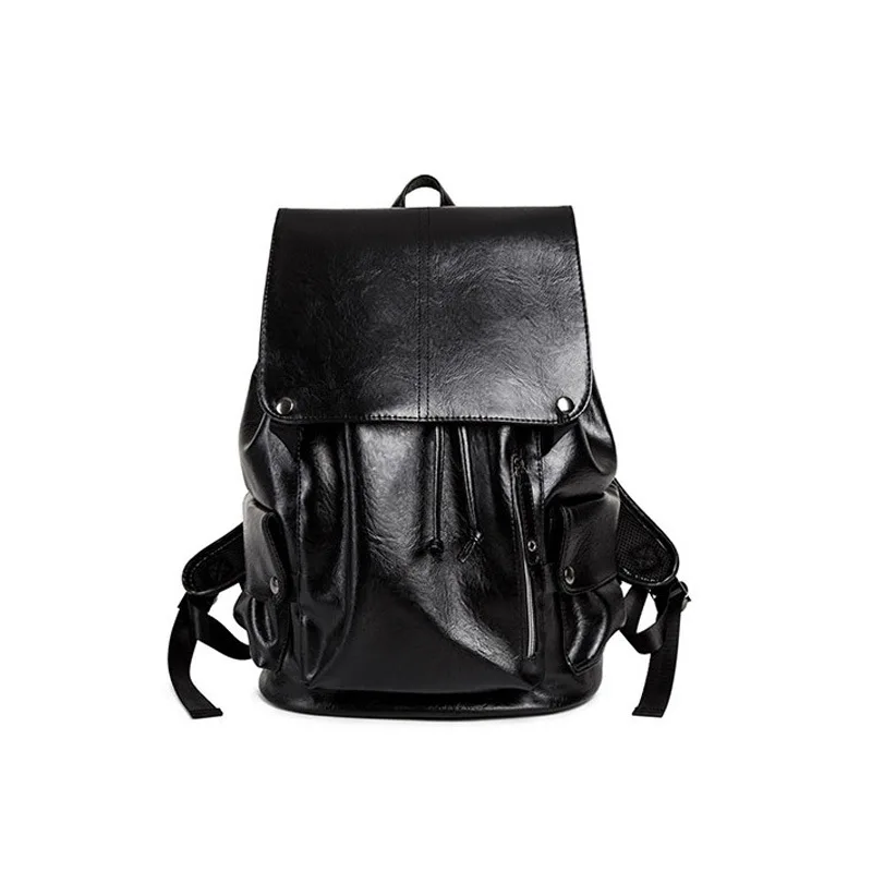 

Backpack Men's Soft PU Leather Drawstring Buckle Flip-Style Large-Volume Multi-pockets Black And White with Pattern Korean-style