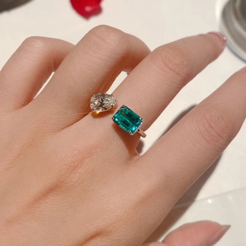 BLACK ANGEL 925 Silver Created Emerald Cut Pear Gemstone Zircon Engagement Open Ring For Women CZ Fine Jewelry
